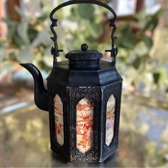 Vintage Chinese Shantou Teapot Pewter Metal Reverse Glass Painted Panels Black